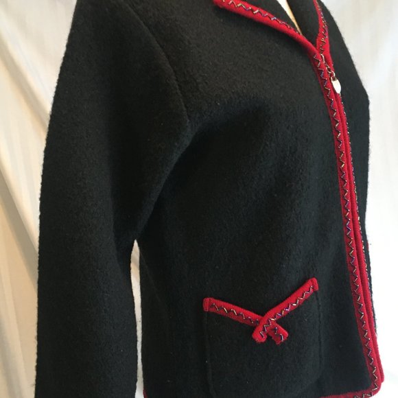 Lisa International Women Boil Wool Sweater Jacket Zip Cardigan Sz Med Black Red - Picture 6 of 11
